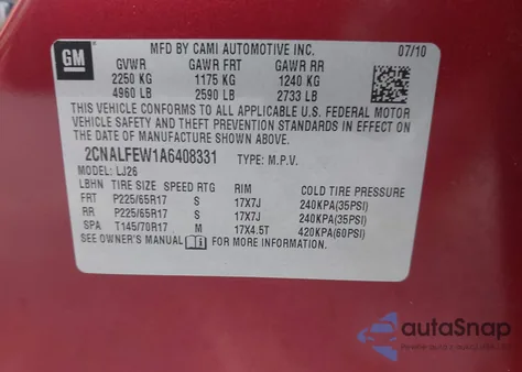 2010 Chevrolet Equinox Ltz из США, поврежденный, VIN 2CNALFEW1A6408331